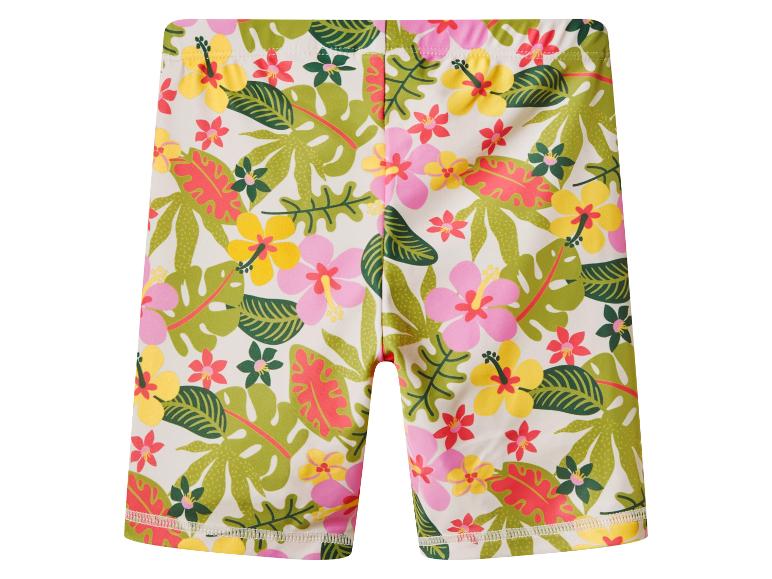 Kinder-Badeshorts mit farbenfrohem tropischem Blumenmuster.