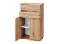 Holzschrank mit zwei Schubladen und einer Tür mit Innenregal.