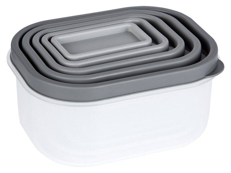 Ein Satz von vier grauen und weißen Aufbewahrungsbehältern