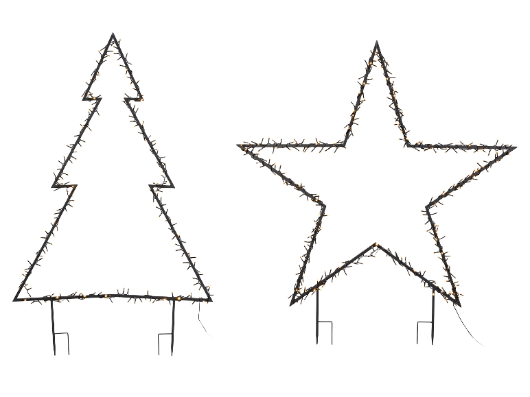 Beleuchtete Weihnachtsbaum- und Stern-Außendekorationen mit warmweißen LED-Lichtern.