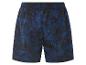 Marineblaue Badehose mit tropischem Muster.