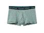 Grün gestreifte Boxershorts mit schwarzem Bund und blauem Text 'CHAMPS SQUAD'.