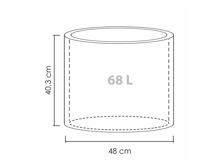 Ein zylindrischer Behälter mit einem Fassungsvermögen von 68 Litern.