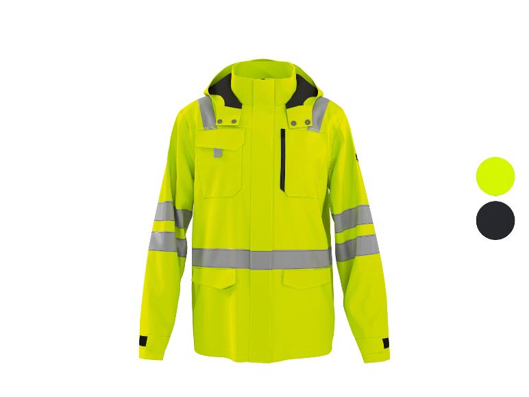 Gelbe Warnschutzjacke mit reflektierenden Streifen und Farboptionen.