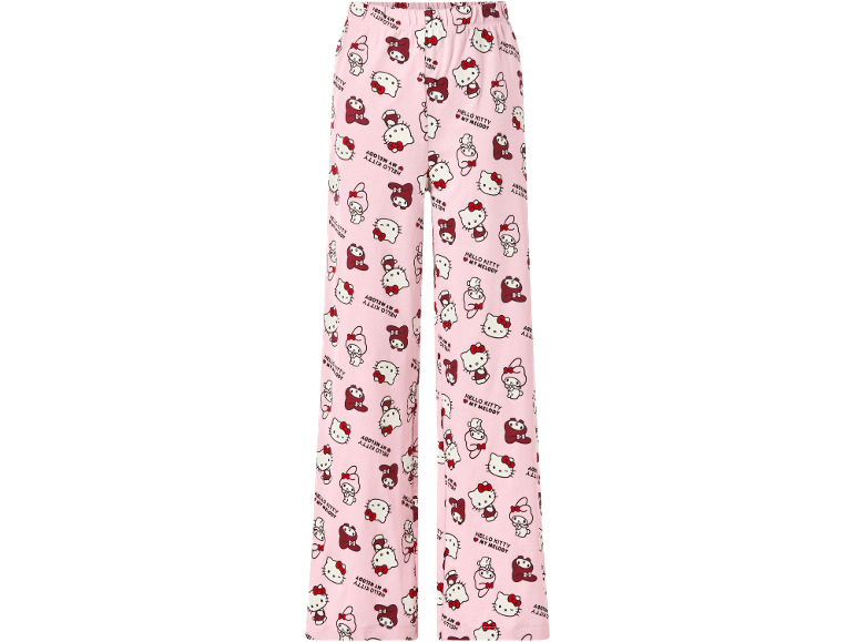 Rosa Pyjamahose mit Zeichentrickfiguren und Text.