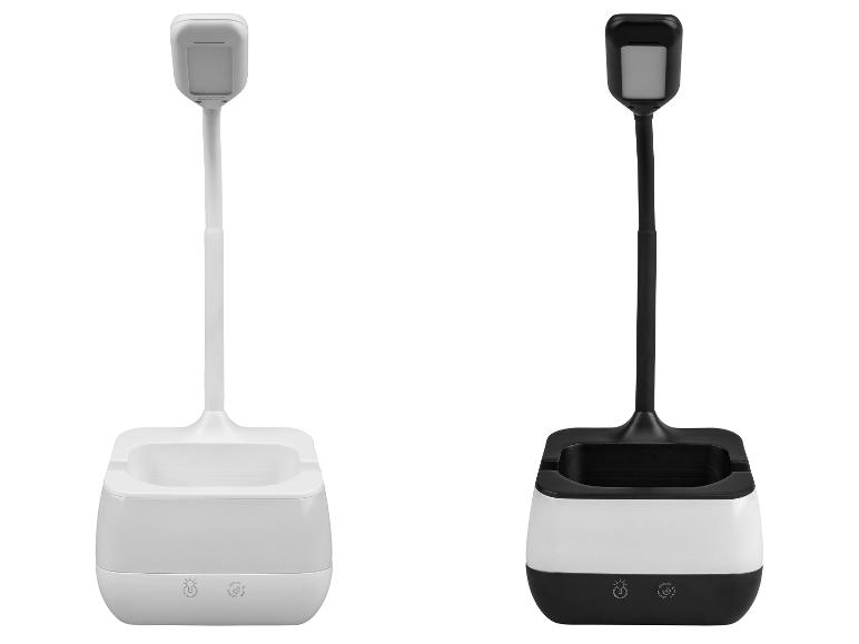 Zwei LED-Schreibtischlampen mit integriertem Stiftehalter, eine weiße und eine schwarze.