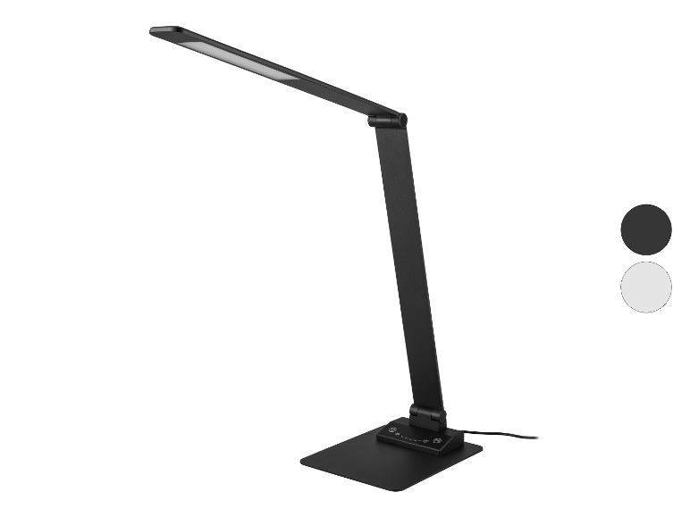 Schwarze, verstellbare LED-Schreibtischlampe mit quadratischem Sockel und Touch-Bedienfeld.