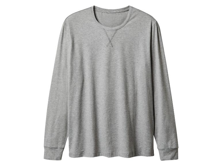Graues Langarm-T-Shirt mit Rundhalsausschnitt und Ziernähten.