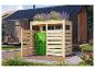 Holz-Mülltonnenbox mit grüner Recyclingtonne in einem modernen Gartenambiente.