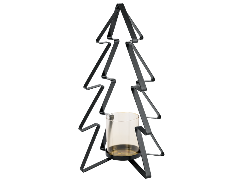 Schwarzer Metall-Kerzenständer in Tannenbaumform mit einem Glaswindlicht.