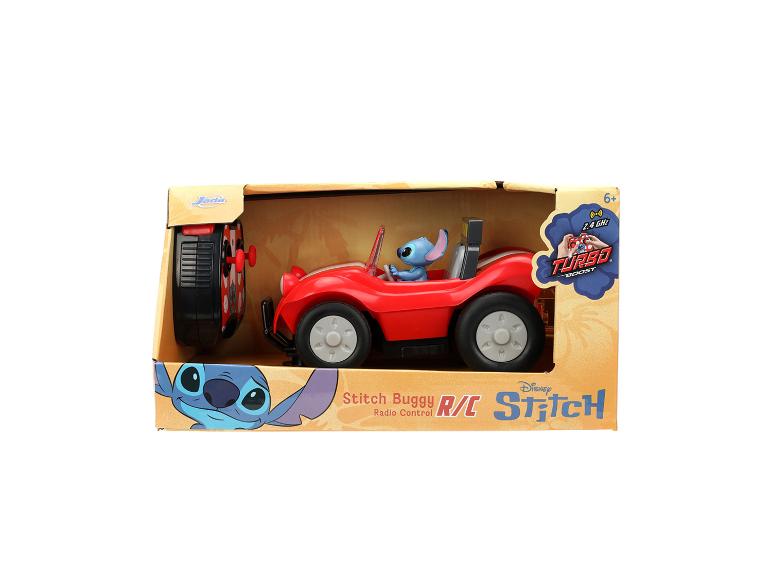 Ein rotes Stitch Buggy R/C-Auto mit Fernbedienung in einer Jada-Markenbox.