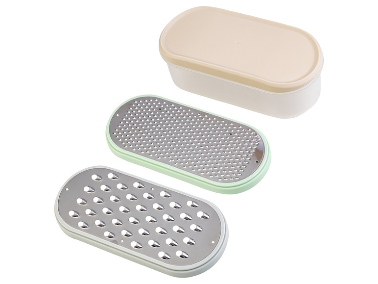 Zwei Reiben und eine Aufbewahrungsbox für die Küche.