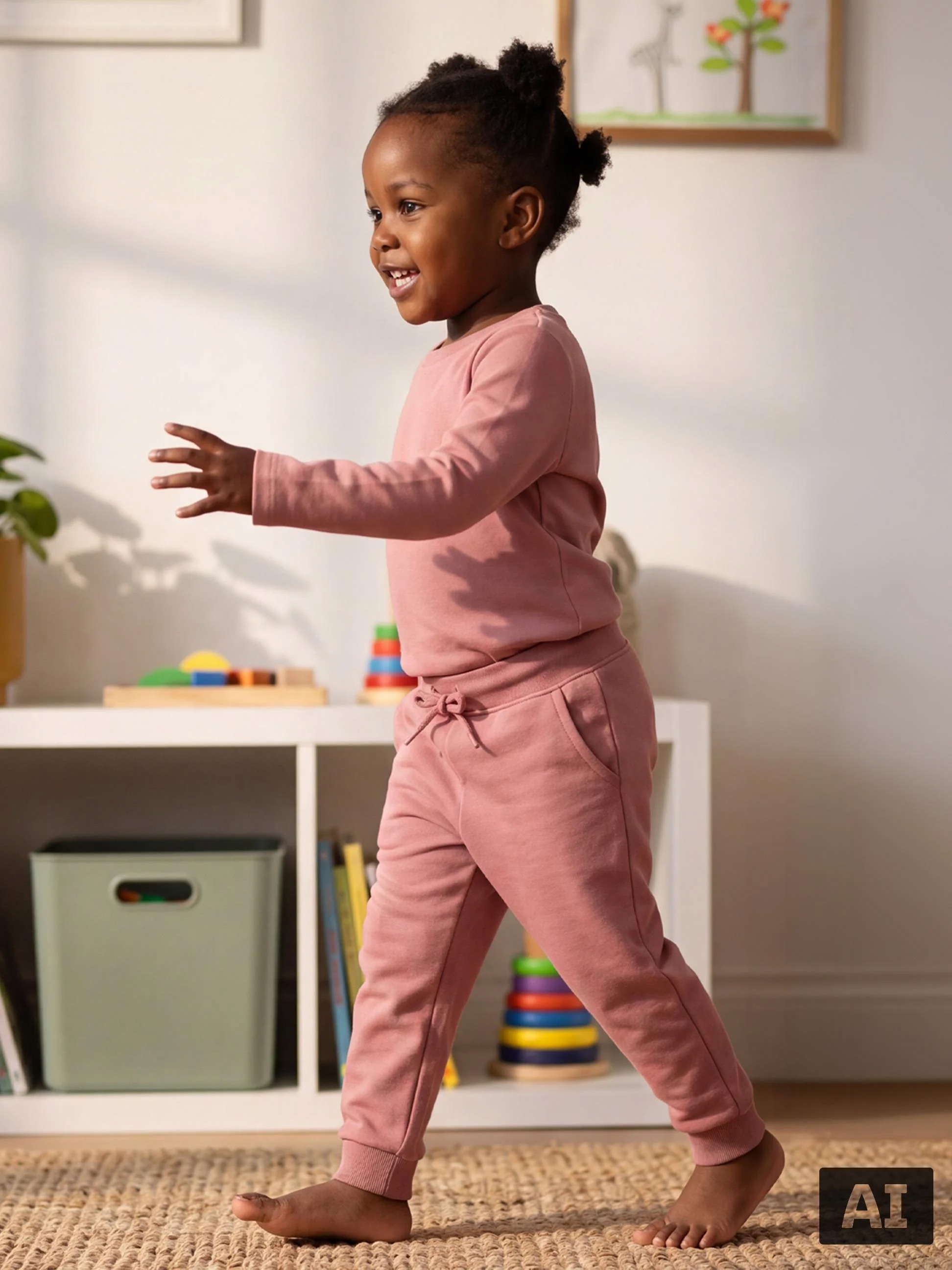 Ein Kleinkind in einem rosa Sweatshirt und einer Jogginghose läuft durch ein Spielzimmer.