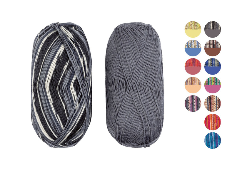 Zwei Garne, eines gestreift und eines einfarbig grau.