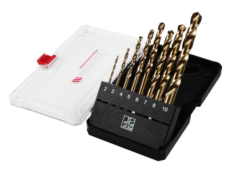 Set goldener Bohrer in einem schwarzen Etui mit transparentem Deckel.