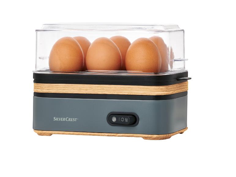 SilverCrest Eierkocher mit Eiern, grau mit Holzdesign.
