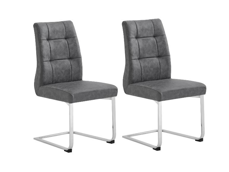 Zwei graue Stoffstühle, verchromtes Gestell.