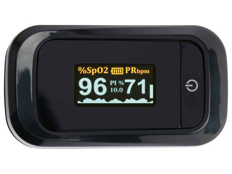 Schwarzes Pulsoximeter mit Anzeige von 96% SpO2 und 71 bpm