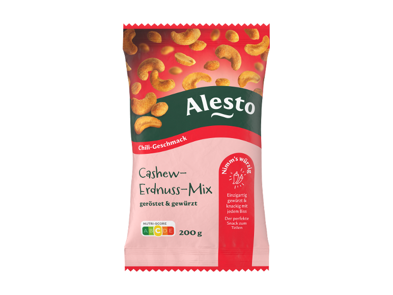 Verpackung von Cashew- und Erdnuss-Mix mit Chili-Geschmack, 200 g.