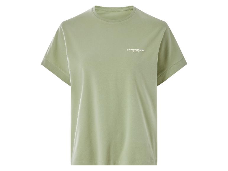 Grünes Kurzarm-T-Shirt mit dem Text „STRENESSE BLUE“ auf der Brust.