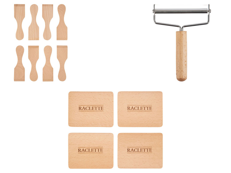 Raclette-Set mit Holzspateln, einem Käsedraht und vier Holzplatten.