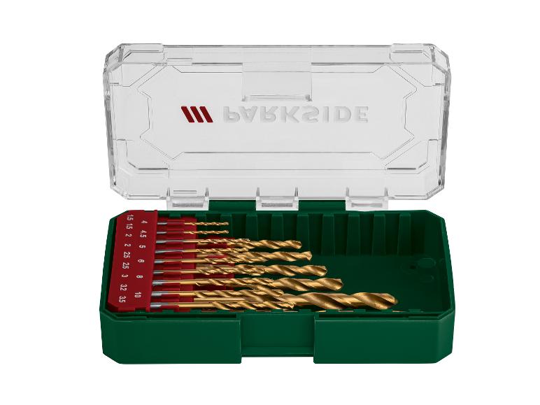 15-teiliges Titanbohrer-Set, Größen von 1,5 mm bis 10 mm, in einer grünen Box.