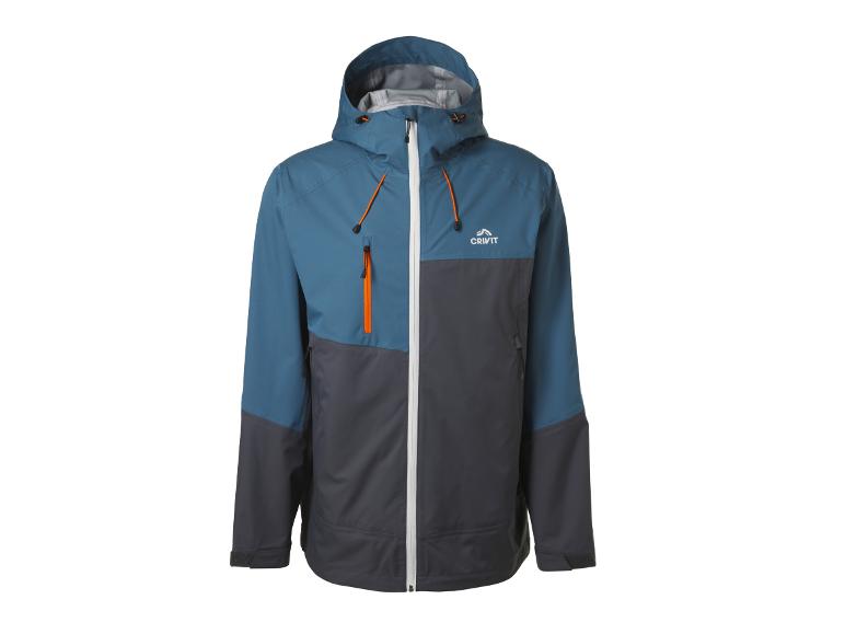 Blaue und graue Herren-Outdoorjacke mit Kapuze und orangefarbenen Akzenten
