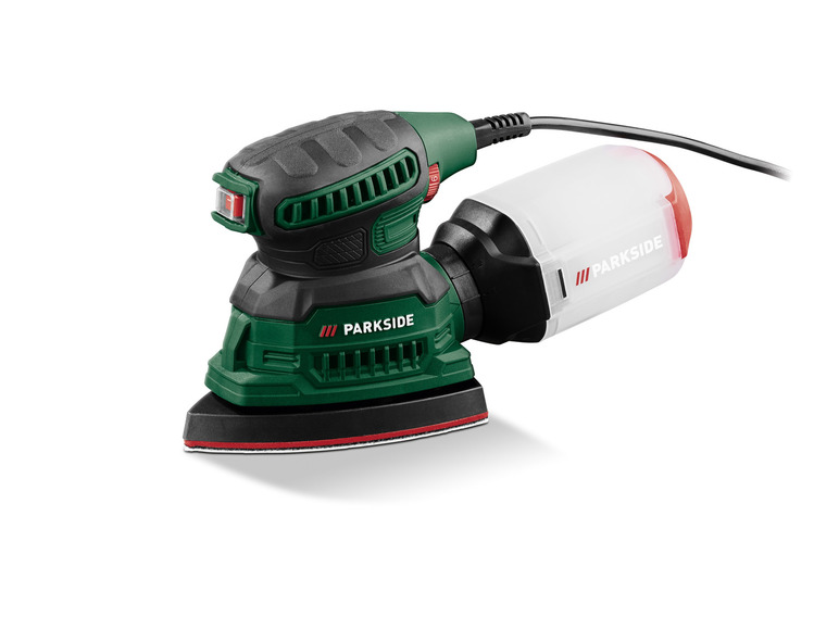 Eine grüne Parkside Schleifmaschine mit Staubbeutel.