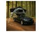 Familienauto mit Dachzelt und Leiter in einem Wald.