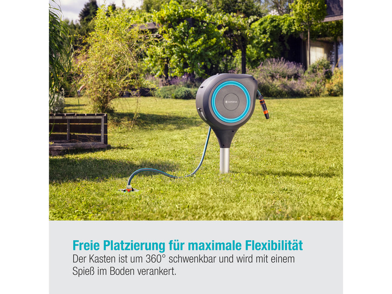 Ein Gardena Schlauchwagen auf Rasen