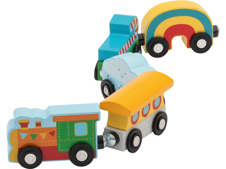 Bunter Holzeisenbahn-Spielzeug mit Lokomotive, Wolkenwagen, gestreiftem Wagen und Regenbogenwagen.