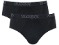 Zwei schwarze Herrenslips mit hellgrauem Text am Bund.