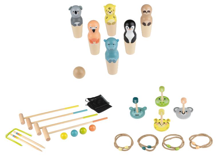 Holz-Outdoor-Spielset mit Tier-Bowlingkegeln, Krocket und Ringwurfspiel.
