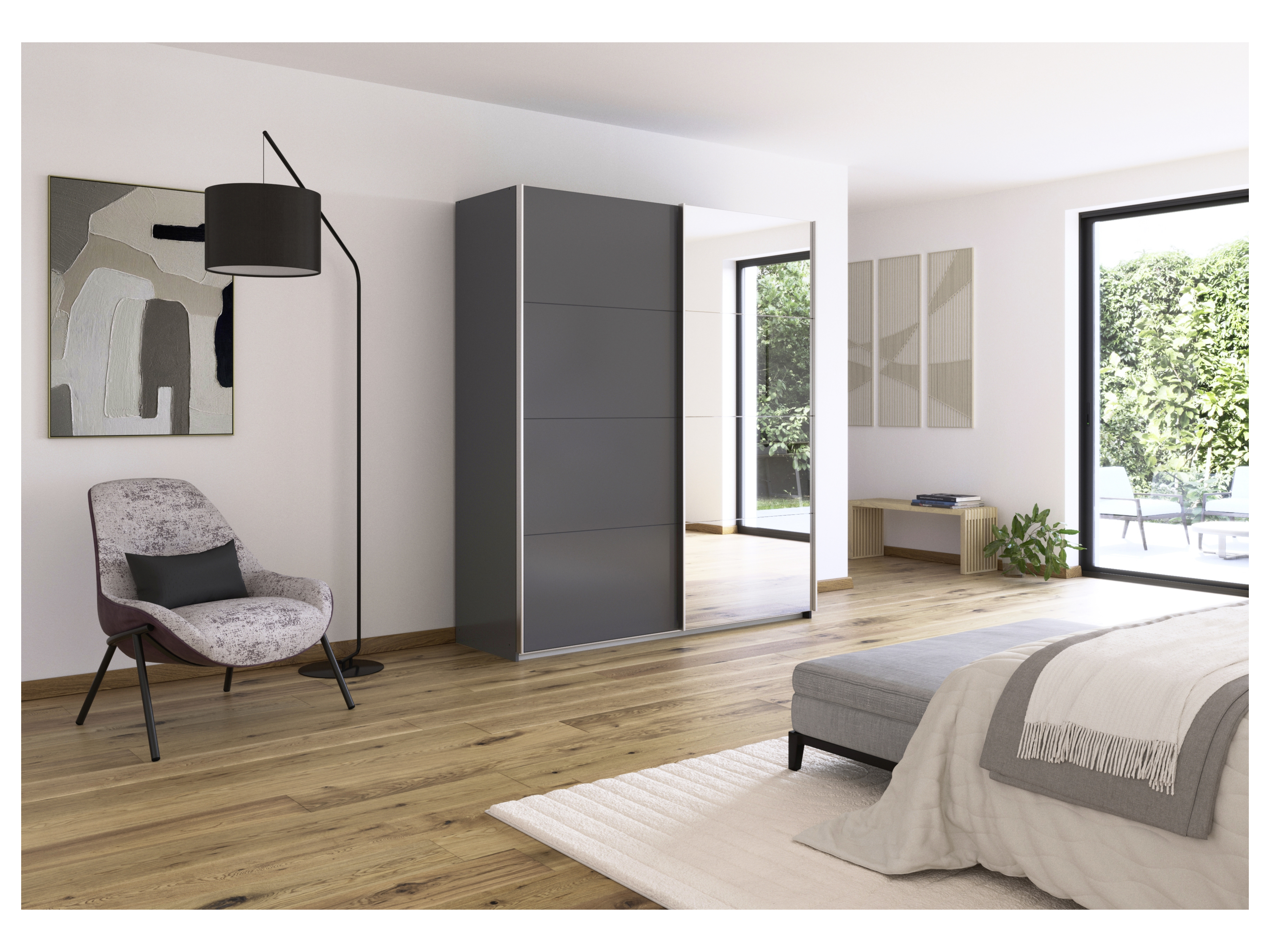 RAUCH ORANGE Quadra Schwebetürenschrank mit Spiegelelementen (Premium-Zubehör, Korpus: Graumetallic, 181 x 210 cm) – Bild 2 von 4