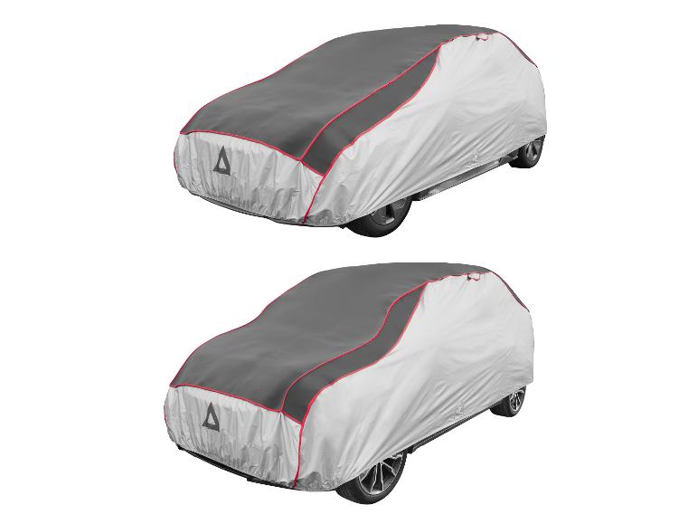Zwei graue Autoabdeckungen mit roten Akzenten und einem Dreieck vorne