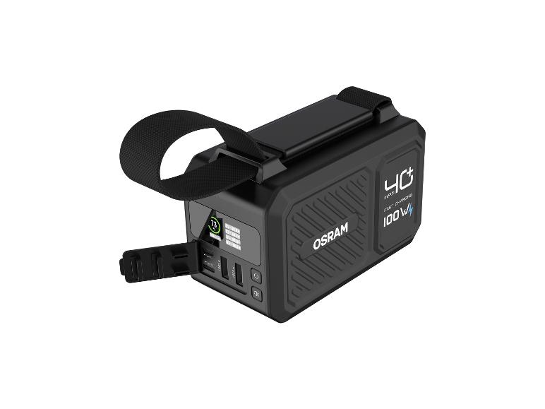 Schwarze tragbare Powerbank mit 40 mAh und 100 W Schnellladung.