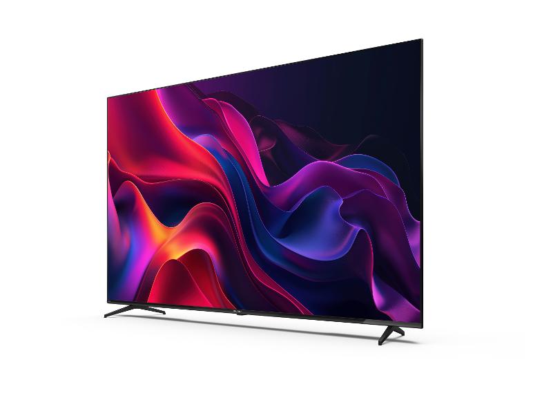 Flachbildfernseher mit farbenfrohem abstraktem Hintergrundbild, Seitenansicht.