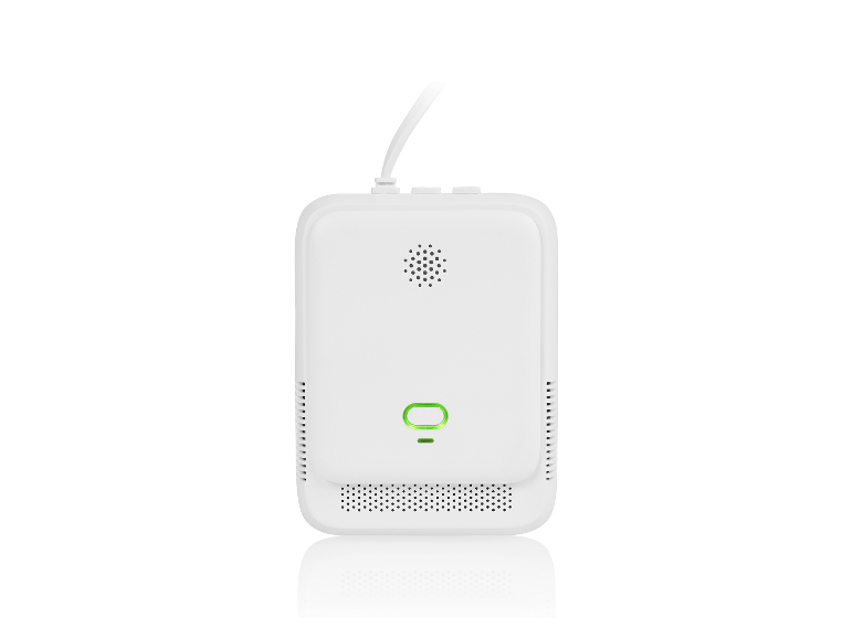 Weißer Luftqualitätsdetektor mit grünem Display und Netzkabel.