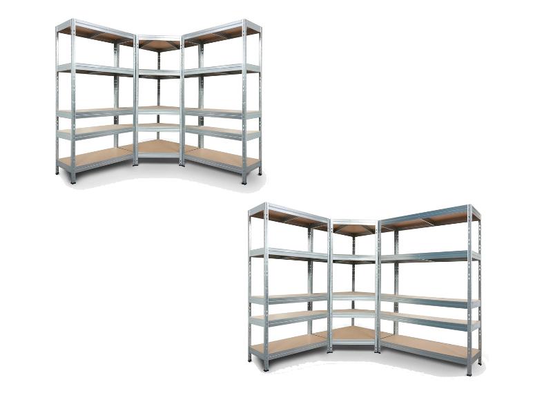 Zwei Eckregale mit je fünf Böden, aus Metall und Holz gefertigt