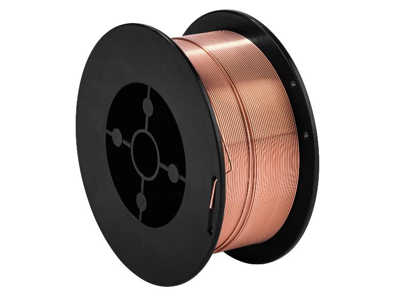 Spule mit Kupfer-Schweißdraht auf schwarzer Rolle.