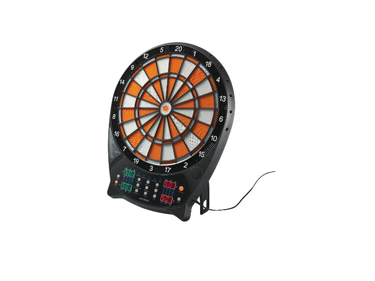 Elektronische Dartscheibe mit orange-weißen Segmenten und digitaler Punkteanzeige.