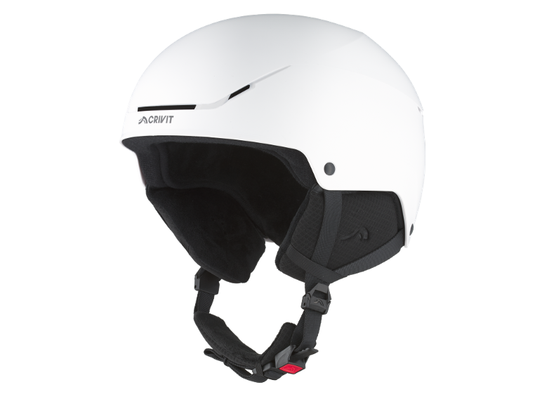 Weißer Skihelm mit Belüftungsöffnungen und verstellbarem Kinnriemen.