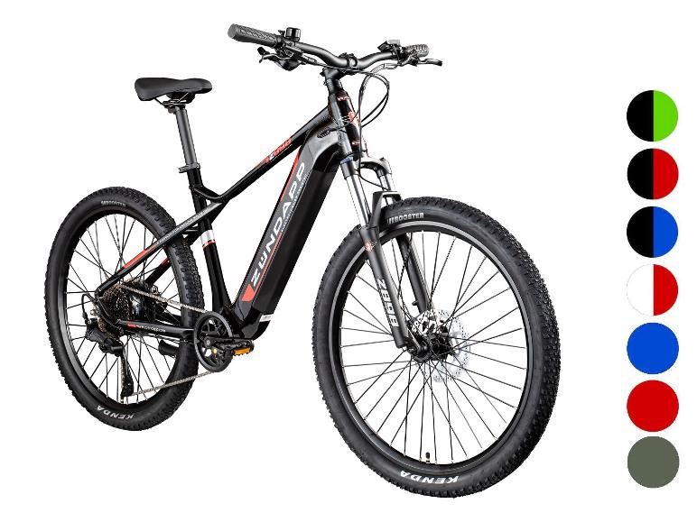 Schwarzes E-Mountainbike mit roten Akzenten und großen Rädern, mit Farbmustern an der Seite.