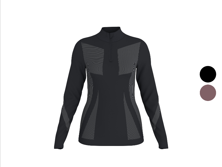 CRIVIT Damen Funktionsunterhemd in Schwarz mit grauen Streifendetails und Reißverschluss.