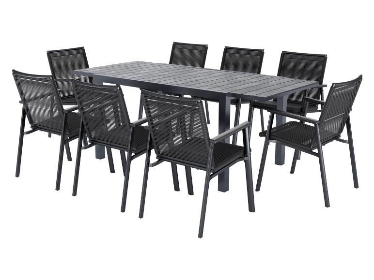 Gartenmöbel: dunkelgrauer Esstisch mit acht passenden Stühlen.