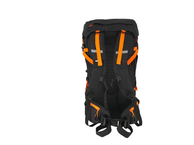 Schwarzer Wanderrucksack mit orangefarbenen Details und verstellbaren Gurten.
