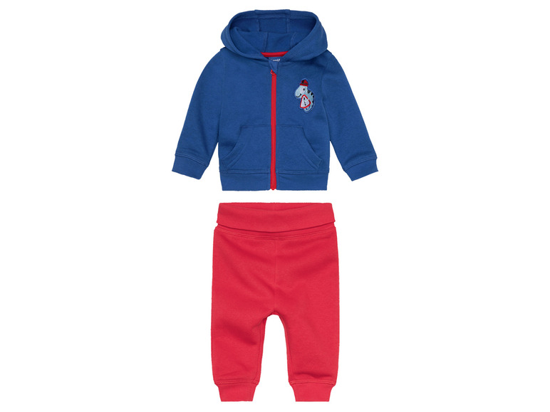 Blaue Kapuzenjacke mit Reißverschluss und rote Hose, Kinder Sportbekleidung.