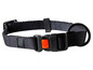 Ein schwarzes Hundehalsband mit einer orangefarbenen Schnalle und einem Metallring.