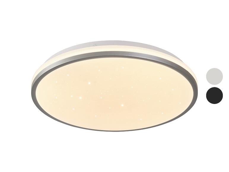 Runde LED-Deckenleuchte mit Sternenhimmel-Effekt und Farboptionen in Grau und Schwarz.