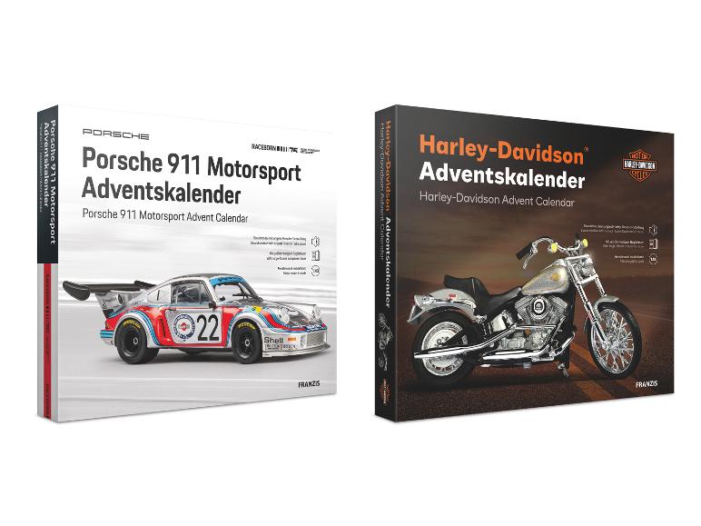 FRANZIS Technik Adventskalender: Porsche 911 Motorsport und Harley-Davidson Motorrad.